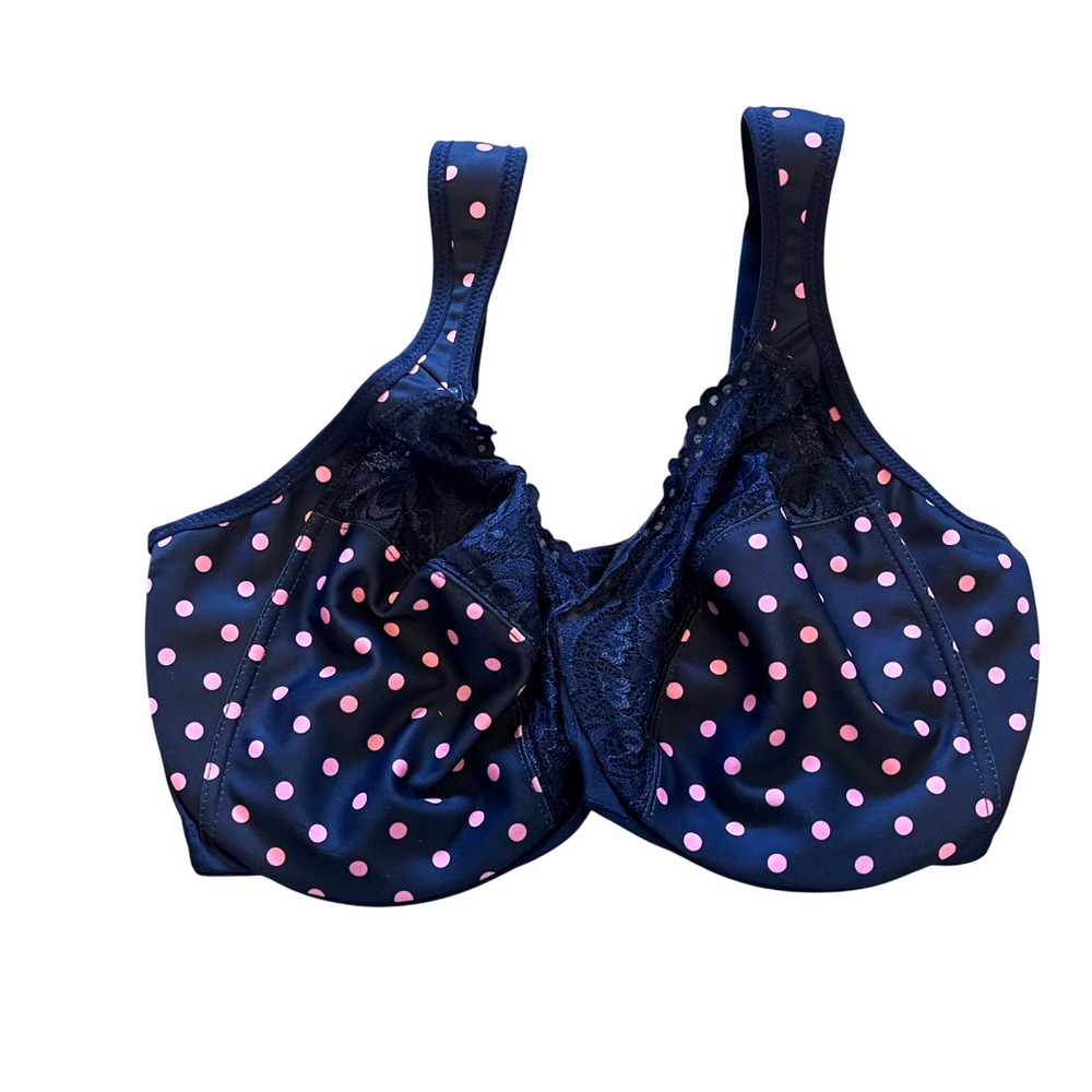 Glamorise Navy Pink Polka Dot Lace Trim Full Coverage Bra 38F 3819 GU